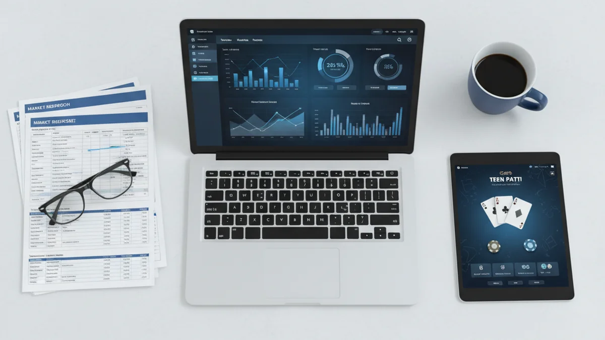 Business desk with casino analytics dashboard laptop and market research reports